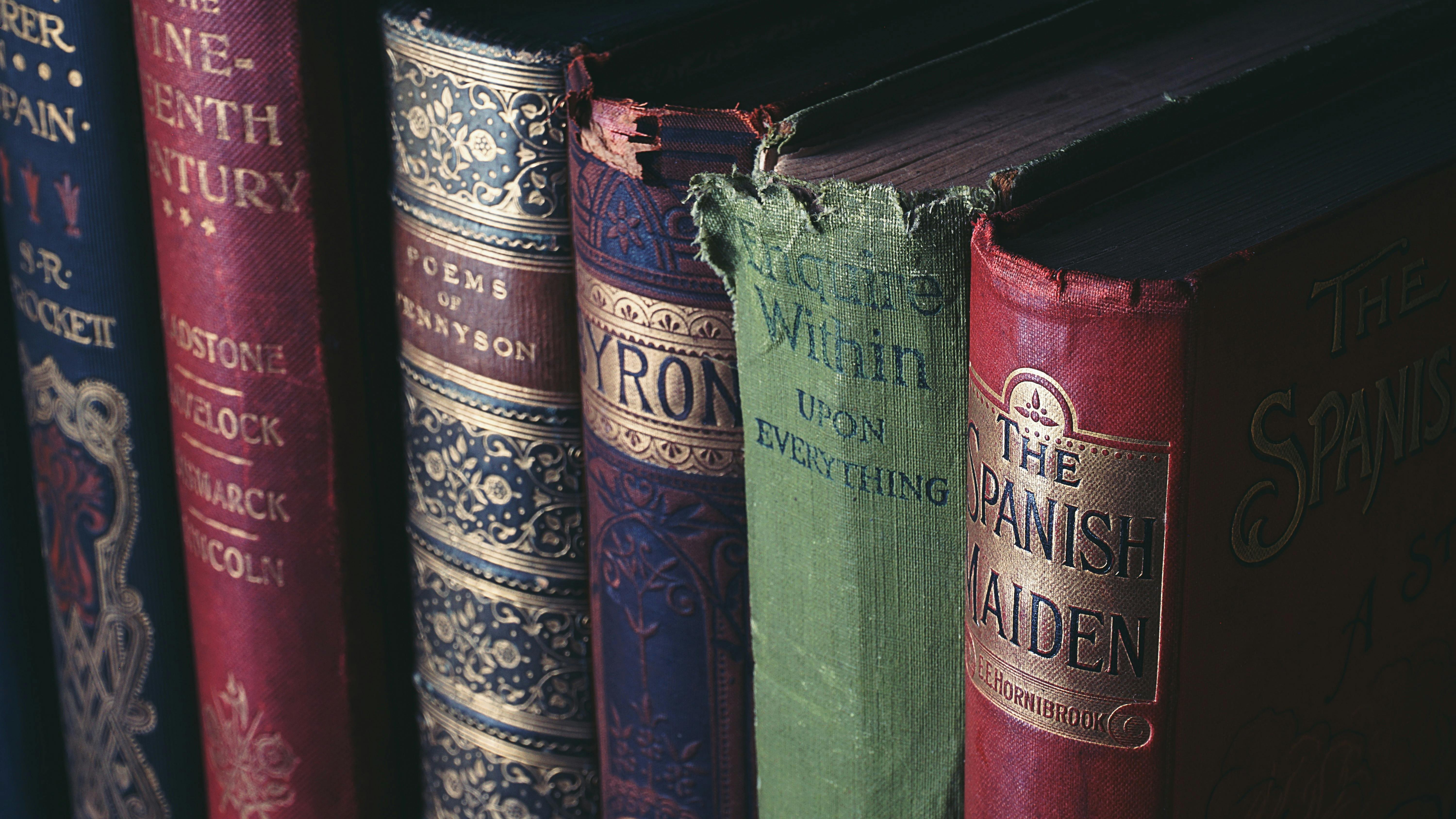alt=a row of old classic books in leather binding